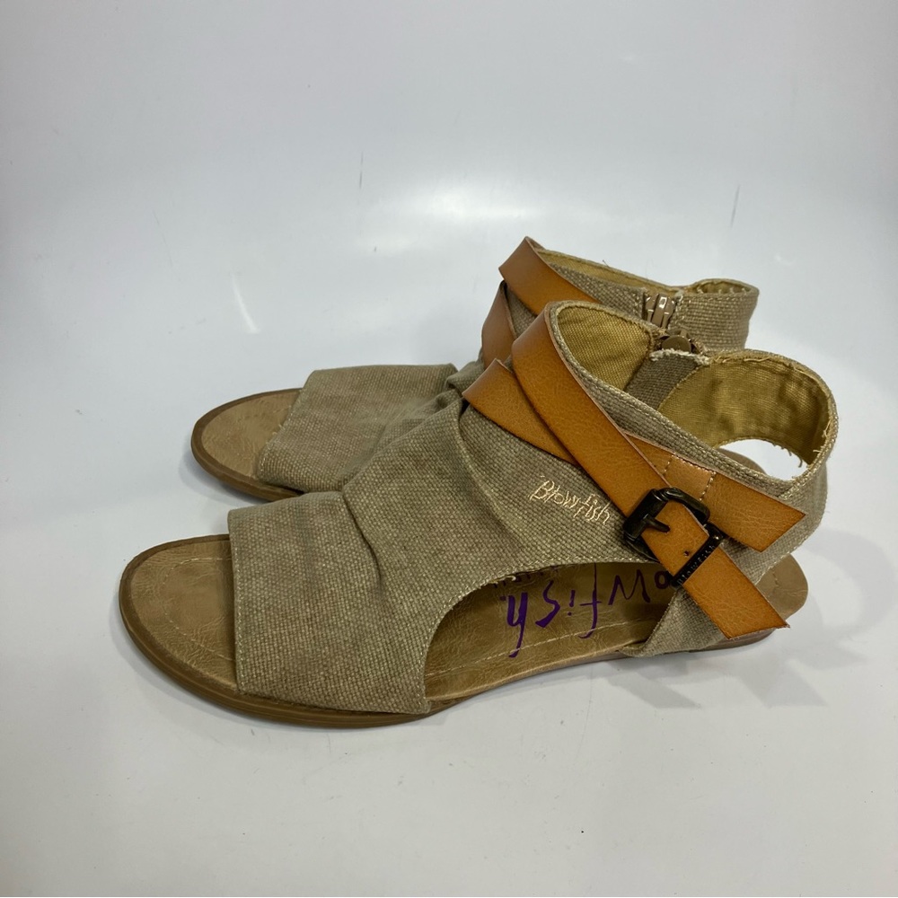 Blowfish Malibu Balla wedge sandals open toe tan canvas leather women’s size 9